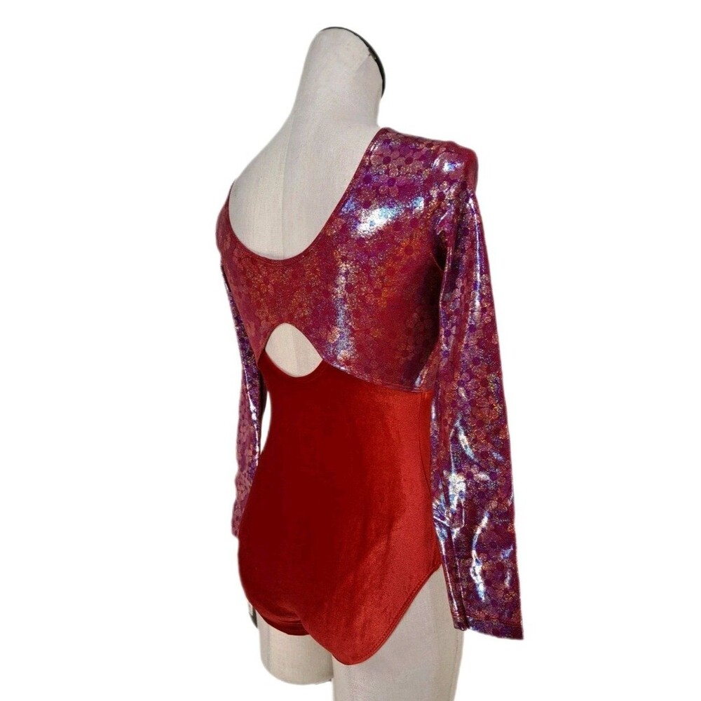 GK Elite VTG Red Velvet Floral Holographic LS Keyhole Leotard Size AM Adult M - Picture 6 of 16